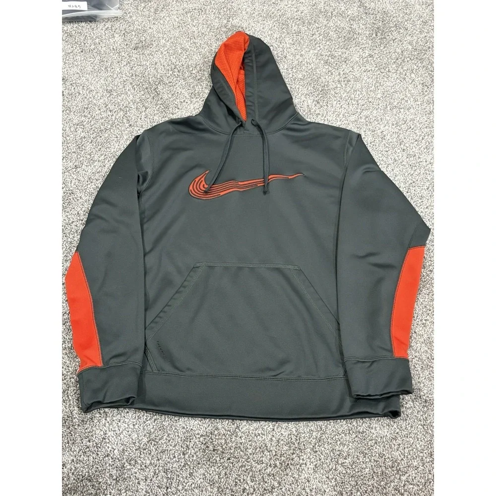Nike Therma Fit Men Gray Orange Swoosh Hoodie Sweatshirt Size Medium‎